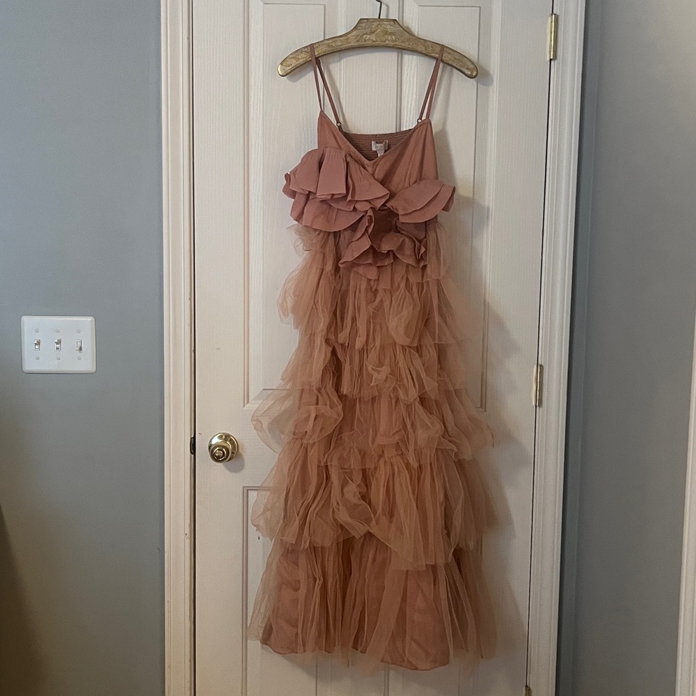 Anthropologie Pink/Peach Tulle Dress Size XS | Sequined Florals Evening Gown